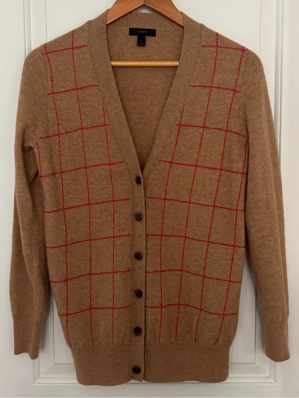 J Crew wool cashmere blend windowpane plaid cardigan Small tan red v neck